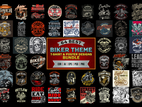 64 best biker theme t shirt & poster designs bundle