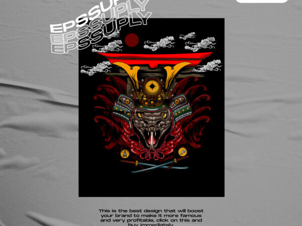 The head of the samurai snake t shirt designs for sale