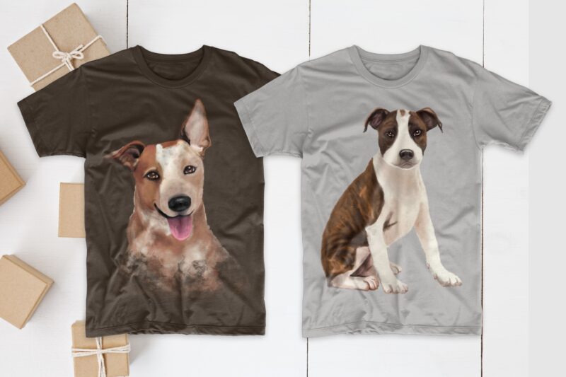 Dogs T shirt Designs Bundle Realistic Digital Painting. Funny Dog Png Collection T-shirt Design. Cute Pug, Canine, Husky, and more