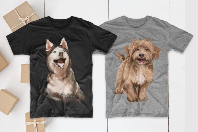 Dogs T shirt Designs Bundle Realistic Digital Painting. Funny Dog Png Collection T-shirt Design. Cute Pug, Canine, Husky, and more