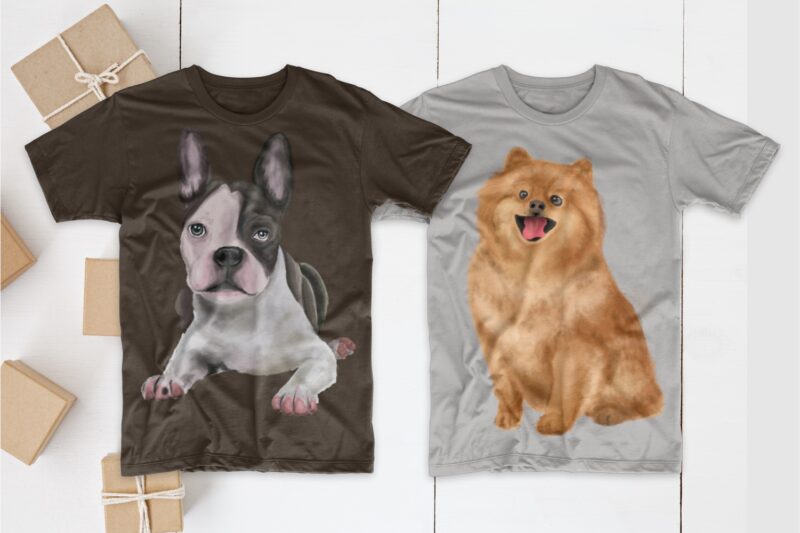 Dogs T shirt Designs Bundle Realistic Digital Painting. Funny Dog Png Collection T-shirt Design. Cute Pug, Canine, Husky, and more