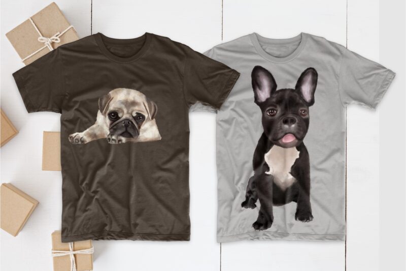 Dogs T shirt Designs Bundle Realistic Digital Painting. Funny Dog Png Collection T-shirt Design. Cute Pug, Canine, Husky, and more