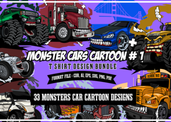 33 Cartoon of Monster Cars Tshirt Designs Bundle #1