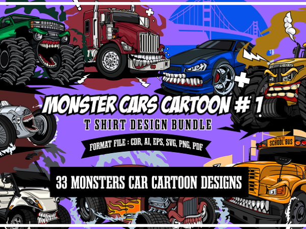 33 cartoon of monster cars tshirt designs bundle #1