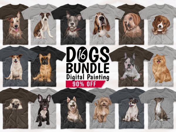 Dogs t shirt designs bundle realistic digital painting. funny dog png collection t-shirt design. cute pug, canine, husky, and more