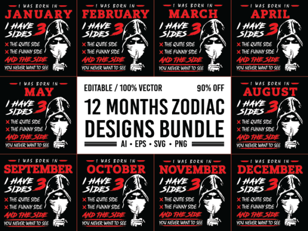 12 months zodiac t-shirt design bundle