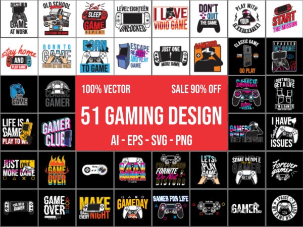 Gaming gamer t-shirt design vector bundle 100% vector ai, eps, svg, png for commercial use