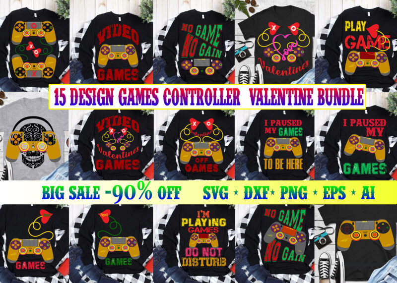 15 Bundles Valentines and Games controller 2021 t shirt template vector, Bundle Games controller, Bundles Valentines