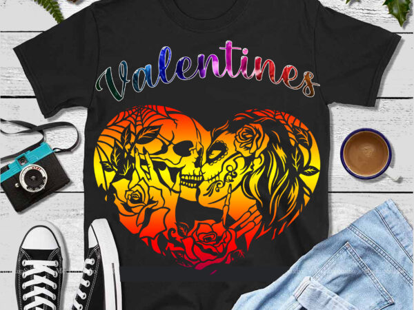 Skull design and heart shaped roses png, sugar skull kissing with flowers png, skull with flower vector, valentine skull love t shirt design, death by valentine png