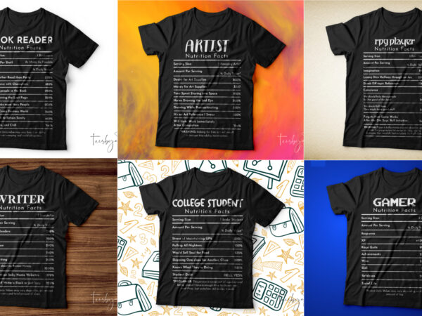 Bundle of 6 nutrition facts t shirt designs ready to print