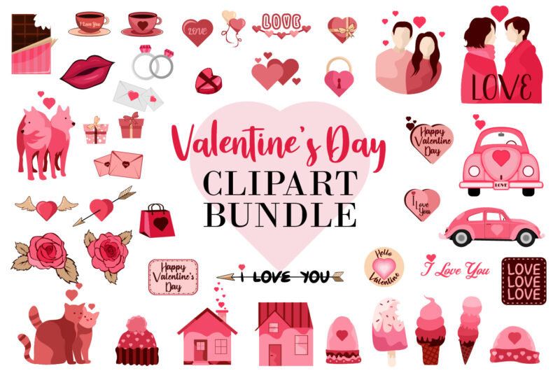 Valentine's day clipart bundle element for t shirt design, Happy valentine's day, Romantic illustration, Love vector collection, Set of valentine clip art symbols, Valentine's t shirt design, Love t shirt