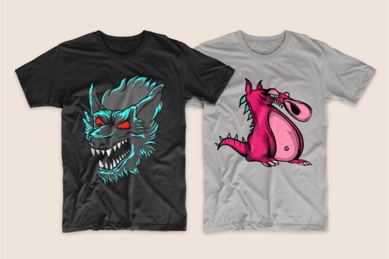 50 Monster animal t-shirt designs bundle, Cartoon t shirt design collection, t-shirt design vector packs