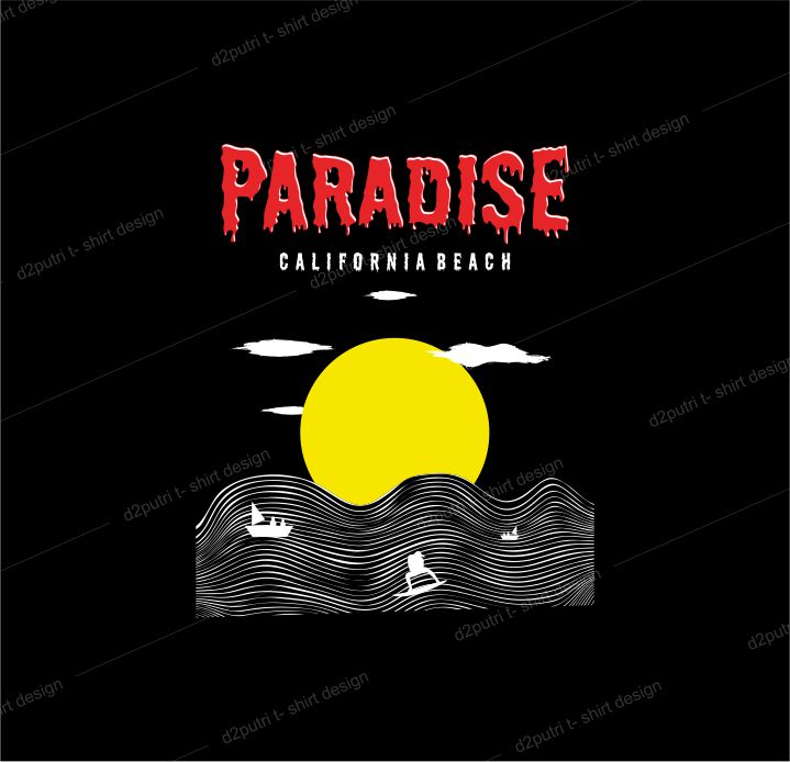 t shirt design graphic, vector, illustration paradise california beach lettering typography