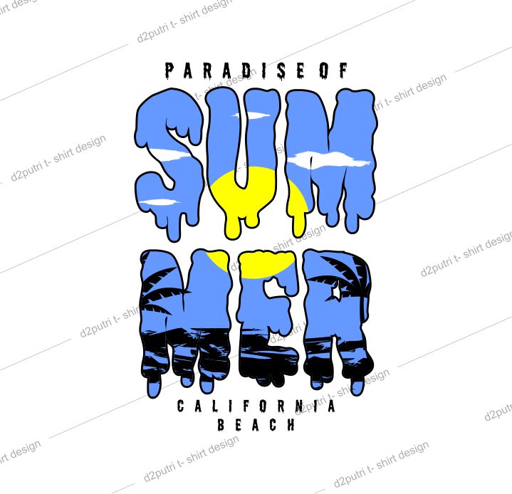 t shirt design graphic, vector, illustration paradise of summer california beach lettering typography