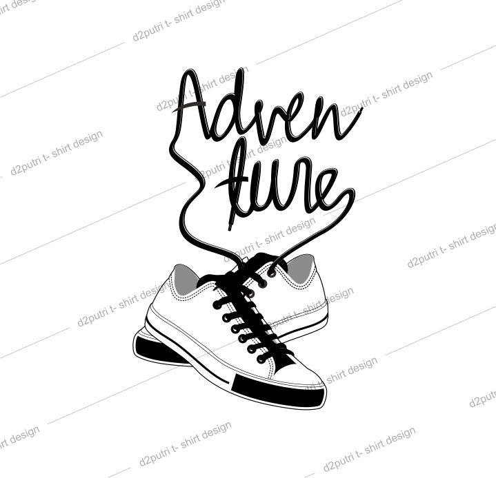 t shirt design graphic, vector, illustration adventure with shoes lettering typography