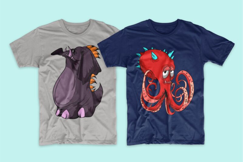 50 Monster animal t-shirt designs bundle, Cartoon t shirt design collection, t-shirt design vector packs