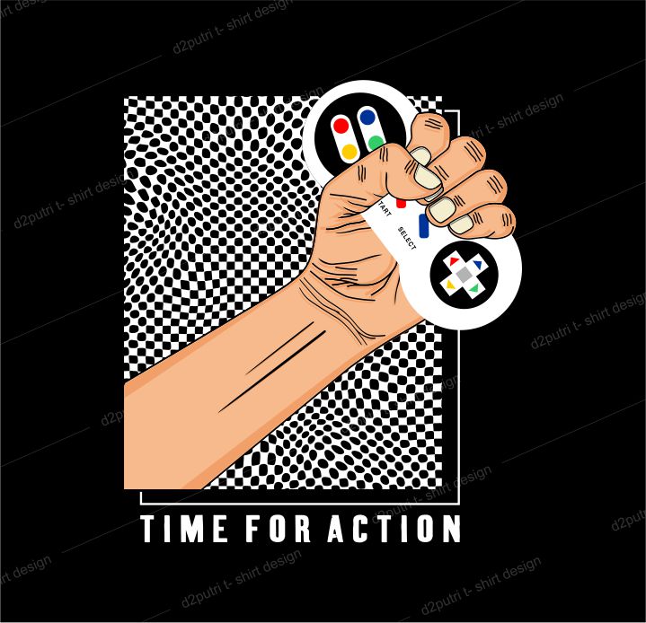 gamer t shirt design graphic, vector, illustration time for action lettering typography