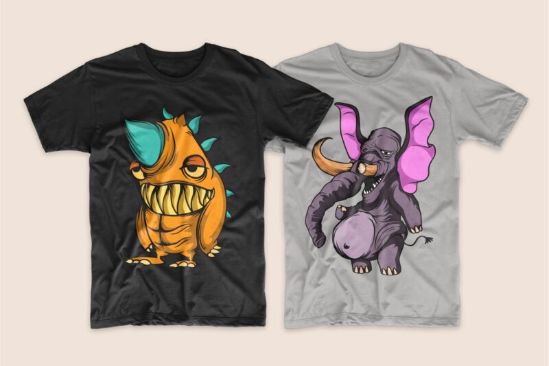 50 Monster animal t-shirt designs bundle, Cartoon t shirt design collection, t-shirt design vector packs