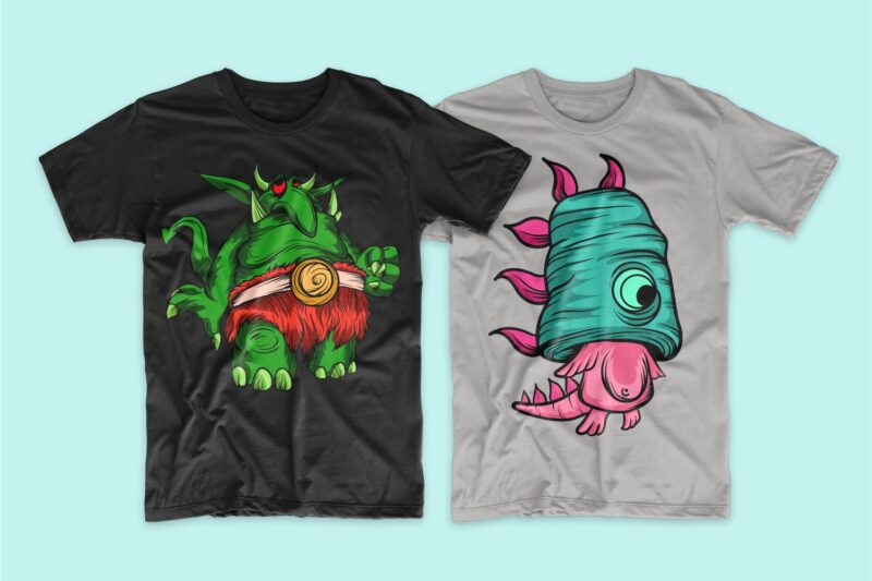 50 Monster animal t-shirt designs bundle, Cartoon t shirt design collection, t-shirt design vector packs