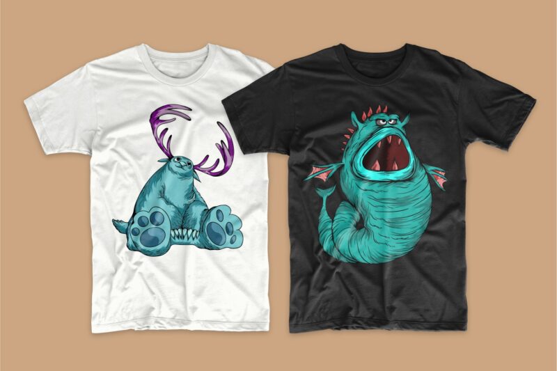 50 Monster animal t-shirt designs bundle, Cartoon t shirt design collection, t-shirt design vector packs