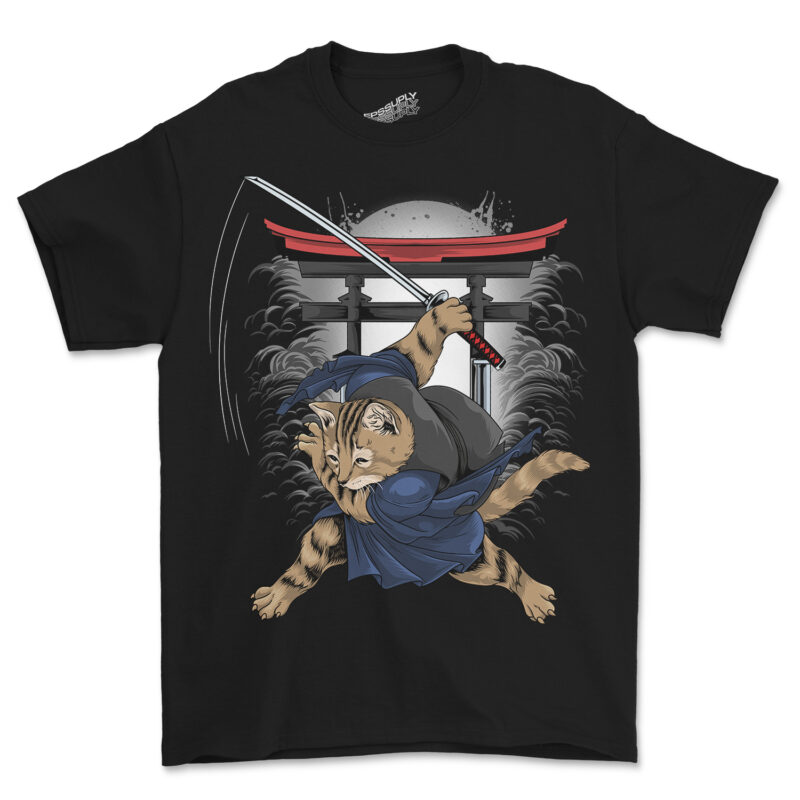 SAMURAI CAT FUNNY DESIGN TSHIRT