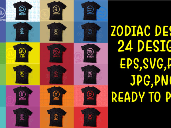 Pack of zodiac signs colorful t shirts designs ready to print