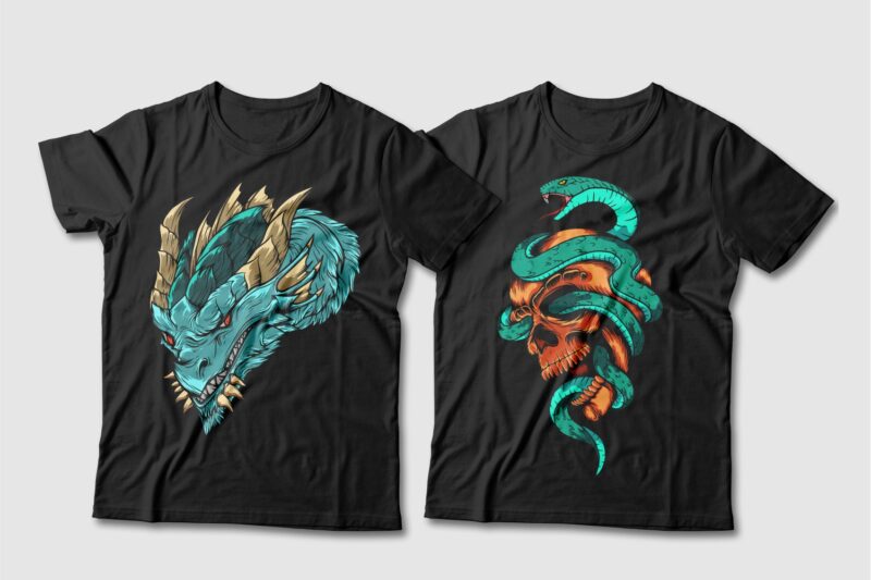 Dragon and Snake Artwork Illustration Vector T-shirt Designs Bundle. Dragon T-shirt Design. Snake T-shirt Design. T shirt Design for POD. Scary Dragon Illustration Pack Collection