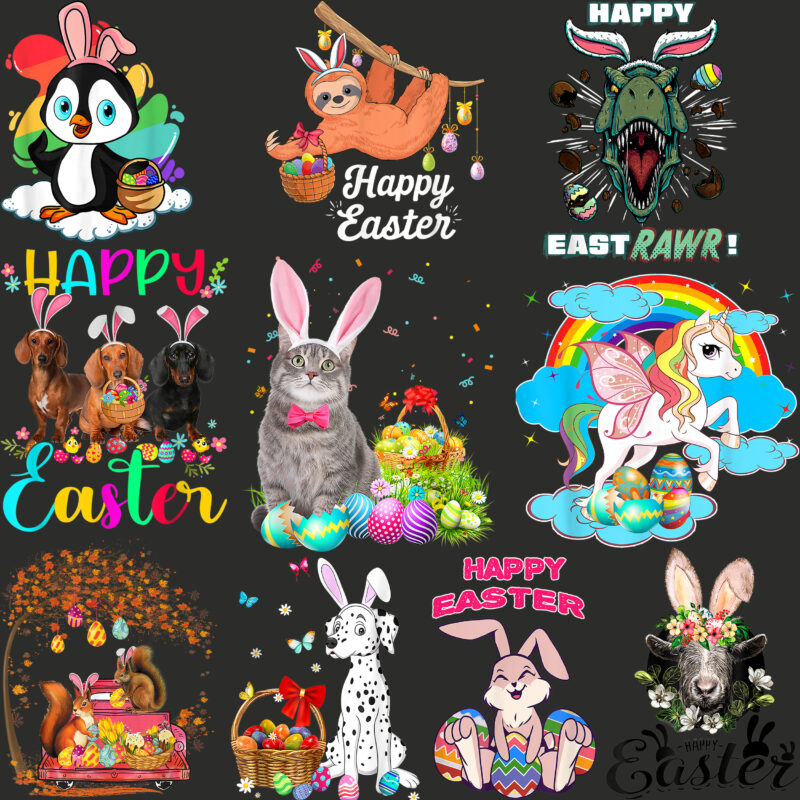 Easter Animals PNG 41 Bundle, Easter animals, Dogs, Cats, Dinosaurs, Unicorns, Easter animals t shirt design, Easter t shirt design