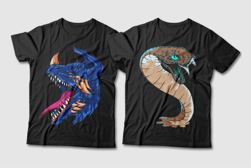 Dragon and Snake Artwork Illustration Vector T-shirt Designs Bundle. Dragon T-shirt Design. Snake T-shirt Design. T shirt Design for POD. Scary Dragon Illustration Pack Collection