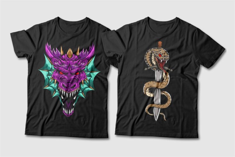 Dragon and Snake Artwork Illustration Vector T-shirt Designs Bundle. Dragon T-shirt Design. Snake T-shirt Design. T shirt Design for POD. Scary Dragon Illustration Pack Collection