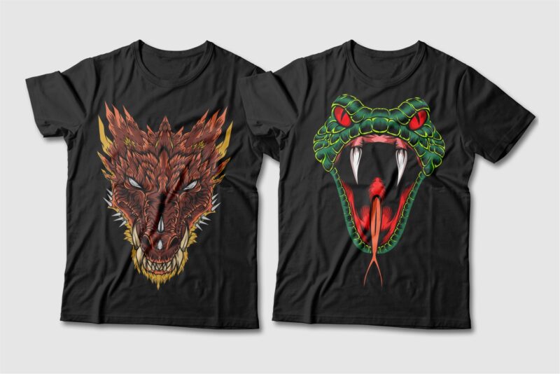 Dragon and Snake Artwork Illustration Vector T-shirt Designs Bundle. Dragon T-shirt Design. Snake T-shirt Design. T shirt Design for POD. Scary Dragon Illustration Pack Collection