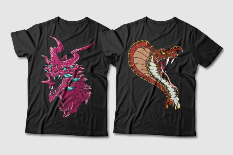 Dragon and Snake Artwork Illustration Vector T-shirt Designs Bundle. Dragon T-shirt Design. Snake T-shirt Design. T shirt Design for POD. Scary Dragon Illustration Pack Collection