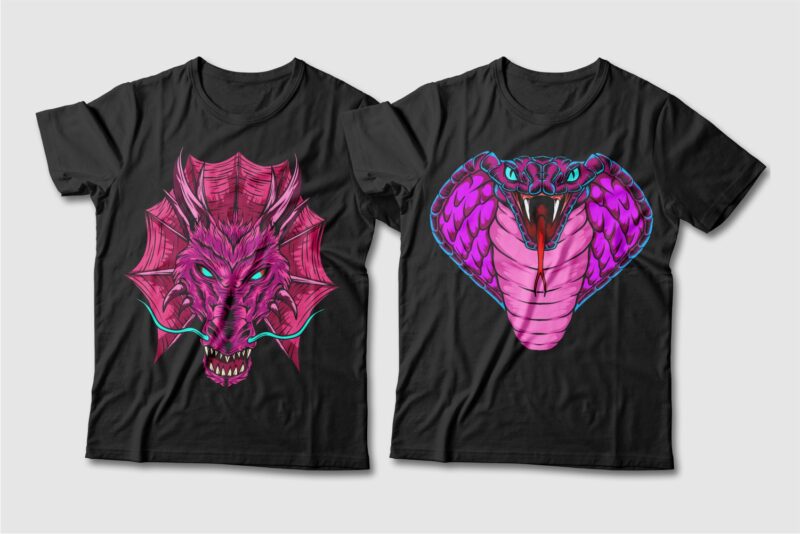 Dragon and Snake Artwork Illustration Vector T-shirt Designs Bundle. Dragon T-shirt Design. Snake T-shirt Design. T shirt Design for POD. Scary Dragon Illustration Pack Collection