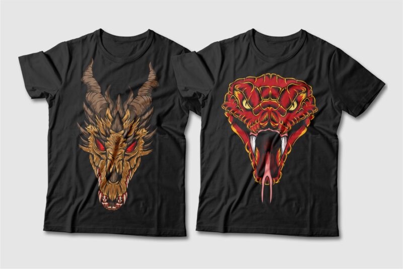 Dragon and Snake Artwork Illustration Vector T-shirt Designs Bundle. Dragon T-shirt Design. Snake T-shirt Design. T shirt Design for POD. Scary Dragon Illustration Pack Collection