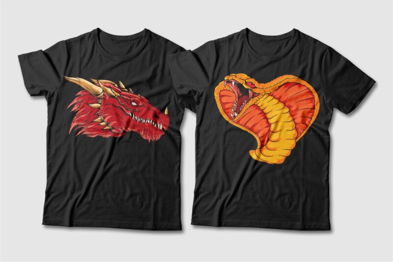 Dragon and Snake Artwork Illustration Vector T-shirt Designs Bundle. Dragon T-shirt Design. Snake T-shirt Design. T shirt Design for POD. Scary Dragon Illustration Pack Collection