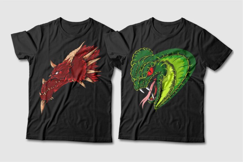 Dragon and Snake Artwork Illustration Vector T-shirt Designs Bundle. Dragon T-shirt Design. Snake T-shirt Design. T shirt Design for POD. Scary Dragon Illustration Pack Collection