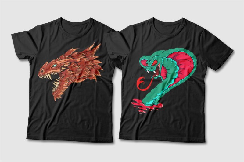 Dragon and Snake Artwork Illustration Vector T-shirt Designs Bundle. Dragon T-shirt Design. Snake T-shirt Design. T shirt Design for POD. Scary Dragon Illustration Pack Collection