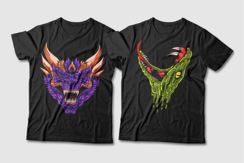 Dragon and Snake Artwork Illustration Vector T-shirt Designs Bundle. Dragon T-shirt Design. Snake T-shirt Design. T shirt Design for POD. Scary Dragon Illustration Pack Collection