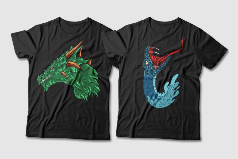 Dragon and Snake Artwork Illustration Vector T-shirt Designs Bundle. Dragon T-shirt Design. Snake T-shirt Design. T shirt Design for POD. Scary Dragon Illustration Pack Collection