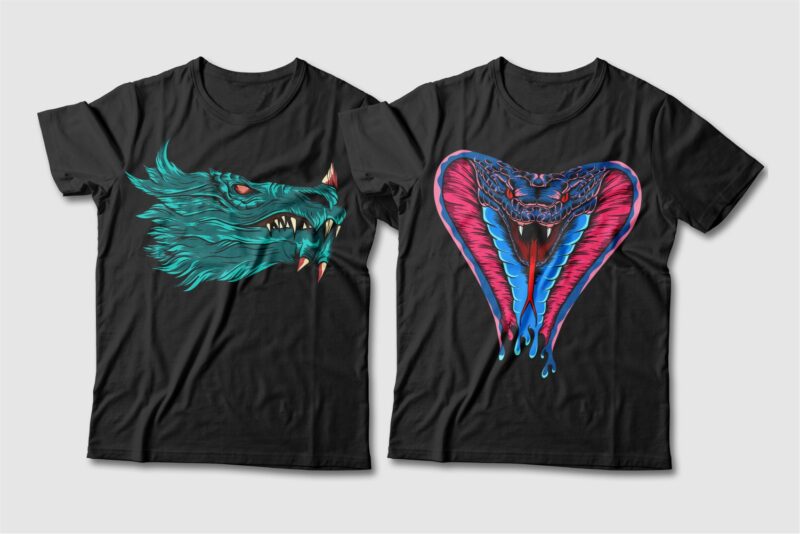 Dragon and Snake Artwork Illustration Vector T-shirt Designs Bundle. Dragon T-shirt Design. Snake T-shirt Design. T shirt Design for POD. Scary Dragon Illustration Pack Collection