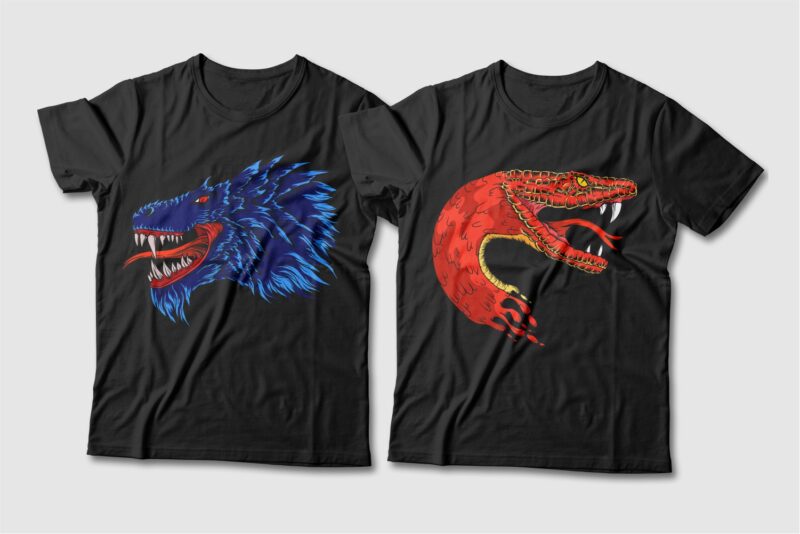 Dragon and Snake Artwork Illustration Vector T-shirt Designs Bundle. Dragon T-shirt Design. Snake T-shirt Design. T shirt Design for POD. Scary Dragon Illustration Pack Collection