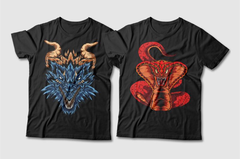 Dragon and Snake Artwork Illustration Vector T-shirt Designs Bundle. Dragon T-shirt Design. Snake T-shirt Design. T shirt Design for POD. Scary Dragon Illustration Pack Collection