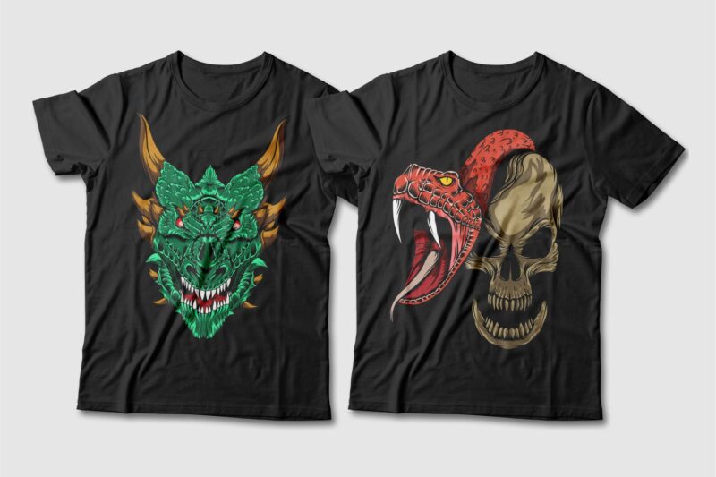 Dragon and Snake Artwork Illustration Vector T-shirt Designs Bundle. Dragon T-shirt Design. Snake T-shirt Design. T shirt Design for POD. Scary Dragon Illustration Pack Collection