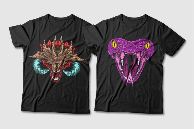 Dragon and Snake Artwork Illustration Vector T-shirt Designs Bundle. Dragon T-shirt Design. Snake T-shirt Design. T shirt Design for POD. Scary Dragon Illustration Pack Collection