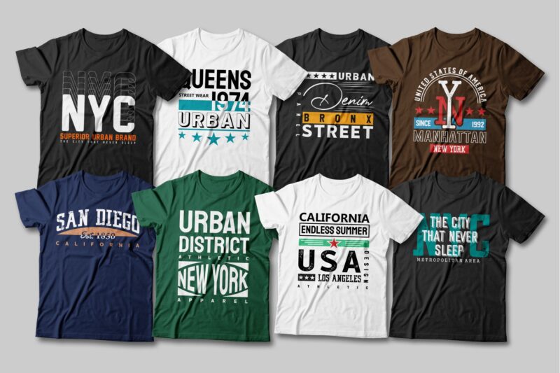 175 Urban street style t-shirt design vector bundle for commercial use. new york city, california, los angeles, the bronx, t shirt designs pack collection. eps svg png