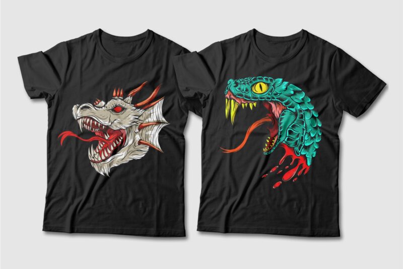 Dragon and Snake Artwork Illustration Vector T-shirt Designs Bundle. Dragon T-shirt Design. Snake T-shirt Design. T shirt Design for POD. Scary Dragon Illustration Pack Collection