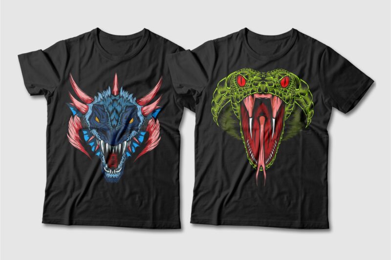 Dragon and Snake Artwork Illustration Vector T-shirt Designs Bundle. Dragon T-shirt Design. Snake T-shirt Design. T shirt Design for POD. Scary Dragon Illustration Pack Collection