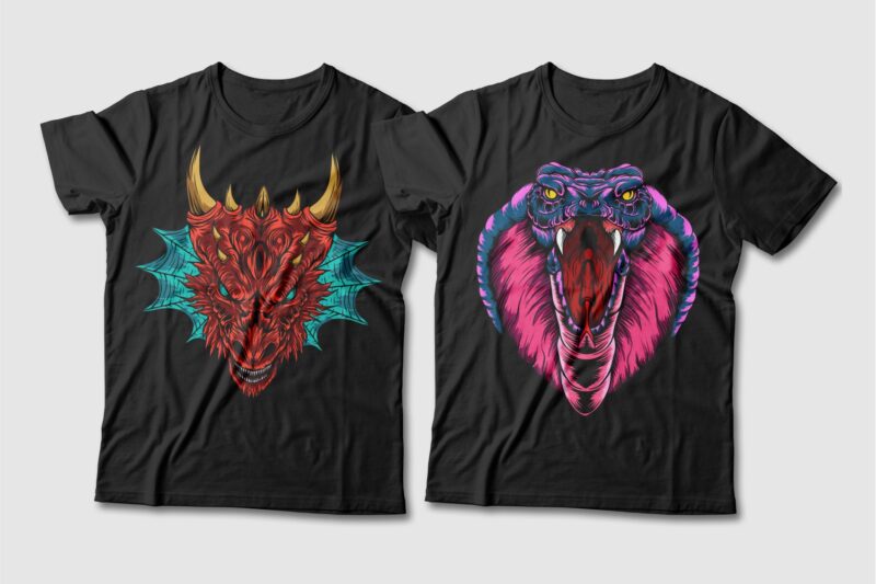 Dragon and Snake Artwork Illustration Vector T-shirt Designs Bundle. Dragon T-shirt Design. Snake T-shirt Design. T shirt Design for POD. Scary Dragon Illustration Pack Collection