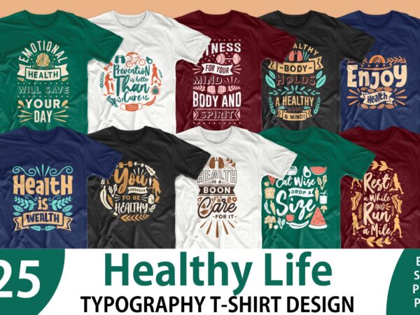 Healthy life quotes t-shirt design bundle vector. health care quote t shirt designs pack collection