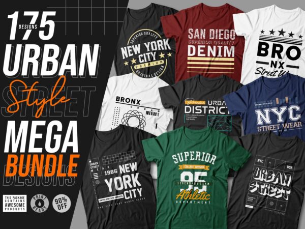 175 urban street style t-shirt design vector bundle for commercial use. new york city, california, los angeles, the bronx, t shirt designs pack collection. eps svg png